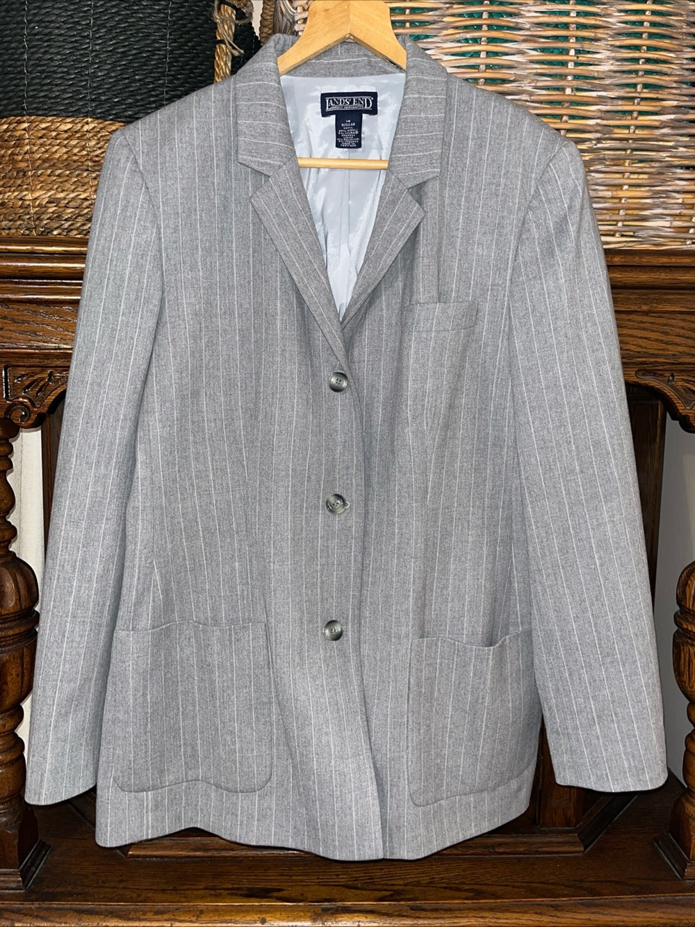 Lands' End Light Gray Pinstripe Women's Blazer wool blend lined